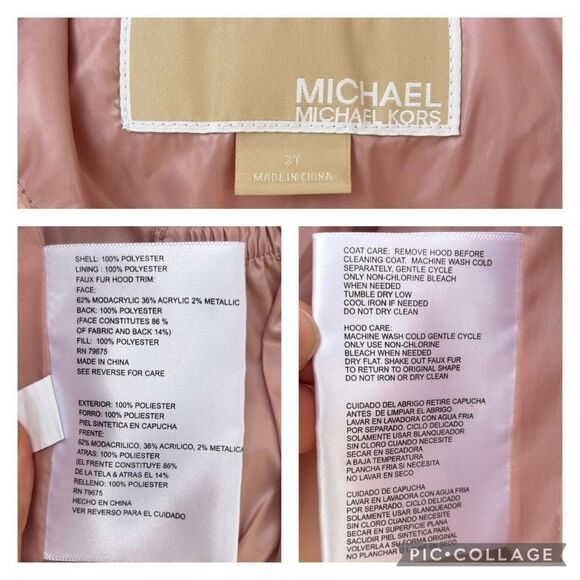 MICHAEL MICHAEL KORS Pink Little Girl’s Belted Hooded Puffer Coat Size 3T Fur - Picture 8 of 10